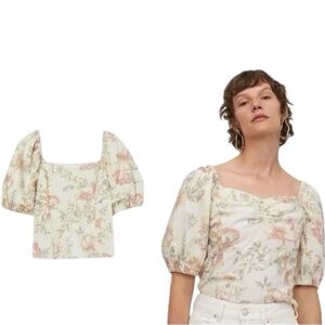 H&M Linen Blend Floral Puff Sleeve Blouse Square Neckline | Size XXL | NWOT